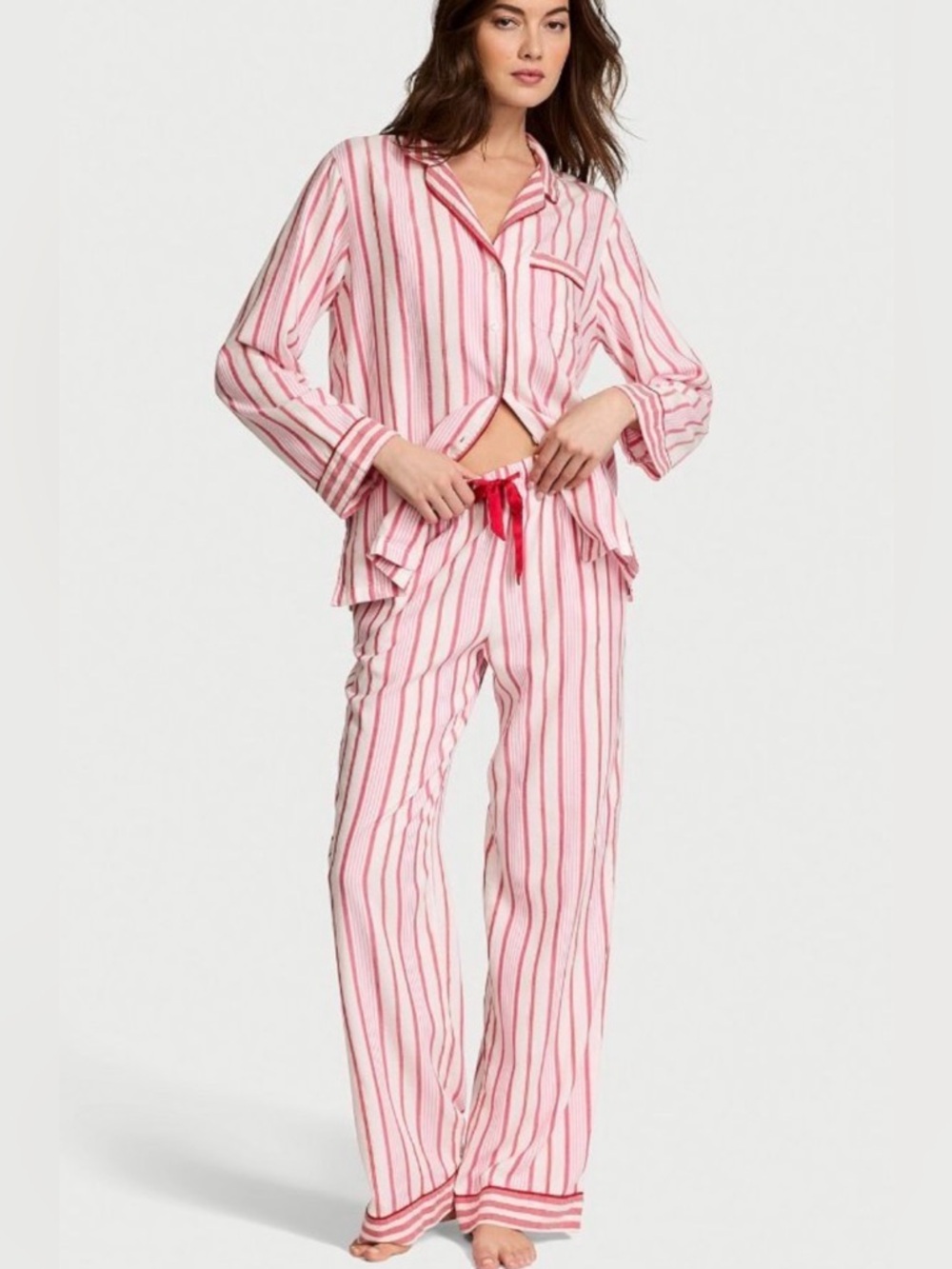 Victoria's Secret Brushed Flannel Pink & White Striped Lounge Set Pajamas
